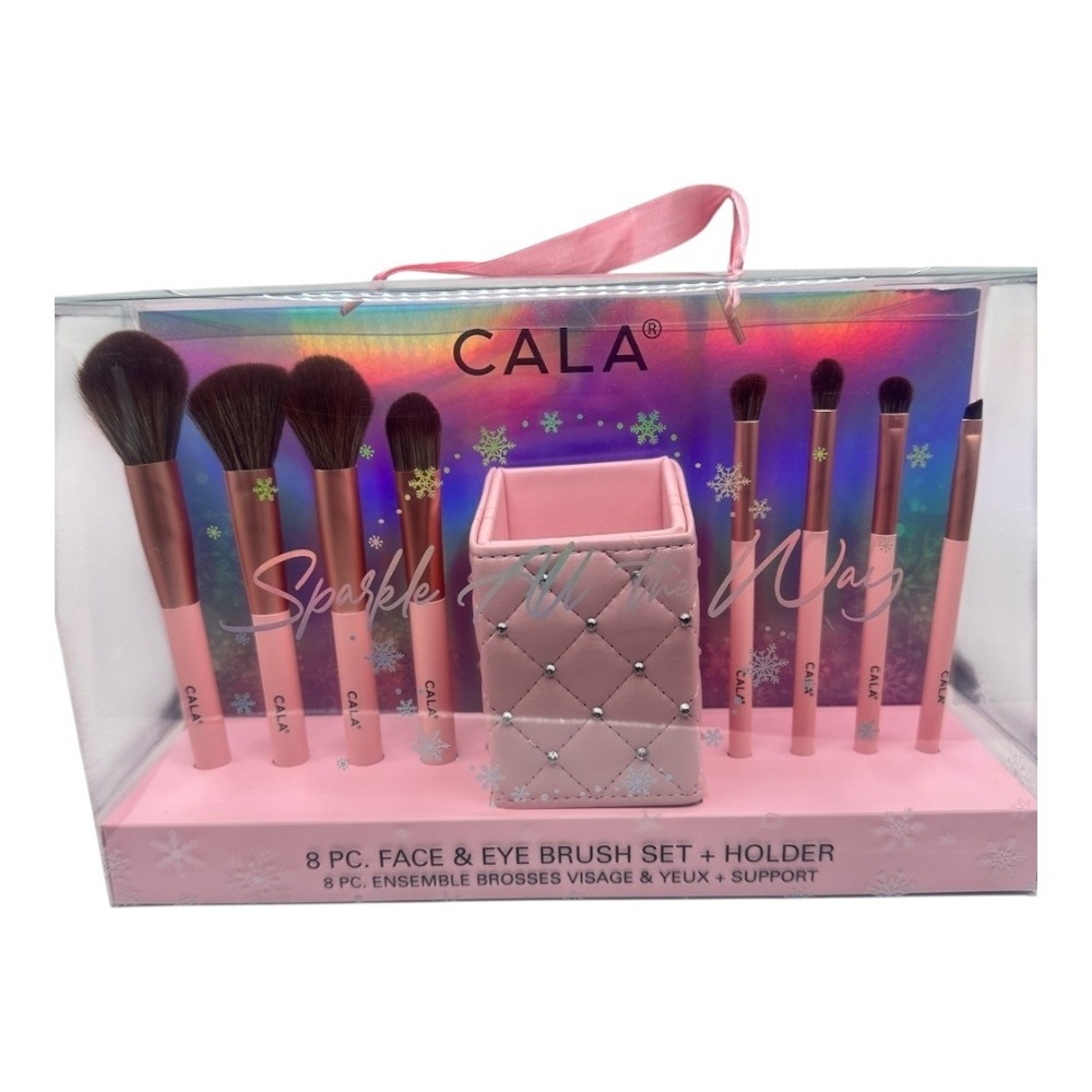 CALA 8 Pc Face & Eye Brush Set w Holder Pink Sparkle NIB - Picture 6 of 11